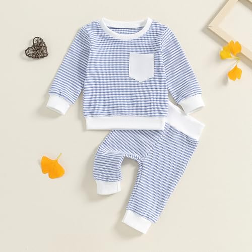 Toddler Baby Boy Waffled Clothes Stripe Long Sleeve Crewneck Sweatshirt Top + Pants Set 2Pcs Fall Winter Outfits2