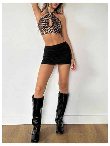 OYOANGLE Women's Leopard Print Criss Cross Halter Tank Top Cut Out Backless Y2K Crop Tops Brown Large