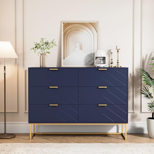 UEV Commode avec 6 Tiroirs 100cm, Meuble de Rangement, Motif de Lignes, Style Scandinave Elégant, pour Salon, Chambre, Salle à Manger, 100x34x73,5cm, Bleu...