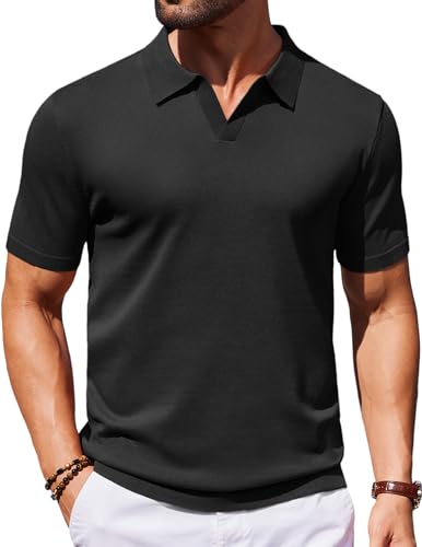 COOFANDY Mens Knit Polo Shirts V Neck Short Sleeve Stretch Polo T Shirt Casual Golf Shirts - Main Image