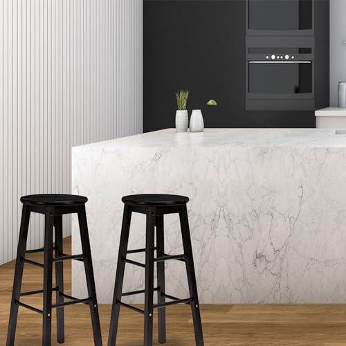 Image of PJ Wood Classic Round Seat 24 Inch Tall Kitchen Counter Stools for Homes, Dining Spaces, and Bars with Backless Seats, Square Legs, Black, Set of 2