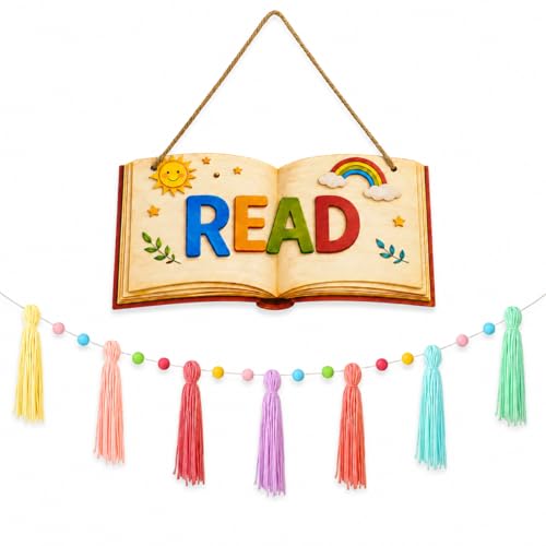Read Sign with Pom-Poms Tassels Garland,Boho Classroom Decor, 12x4.9 Inch