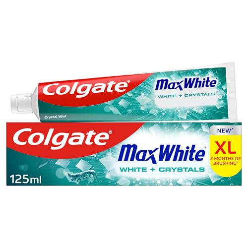 Colgate Max White White + Crystals Toothpaste 125ml - Teeth whitening Toothpaste - restores Natural Whiteness - 10x Longer Lasting Cooling Than Regular Fluoride Toothpaste - Fights Cavities