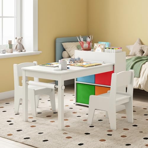 Image of Costzon Kids Table and Chairs, 3-in-1 Wooden Art Drawing Desk Set (White) | Toddler Table w / 4 Fabric Bins, Multiple Open Storage Compartments & a Paper Roll for Painting, Writing, Reading, Craft