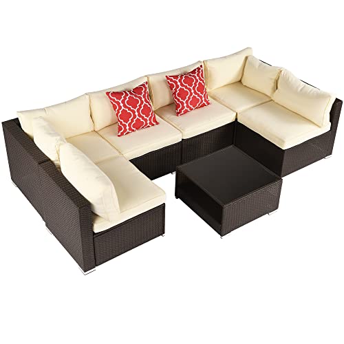 YITAHOME Patio Furniture Set, 7 Pieces Outdoor Sectional Sofa Furniture Sets, PE Rattan Wicker Conversation Set with Glass Coffee Table & Cushions for Lawn Backyard Garden Porch, Brown