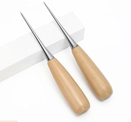 Driak 2pc Wooden Handle Sewing Awl Pin Punching Hole Maker Stitching Awl Kit, Awl Round Solid Tool for DIY Leather Craft