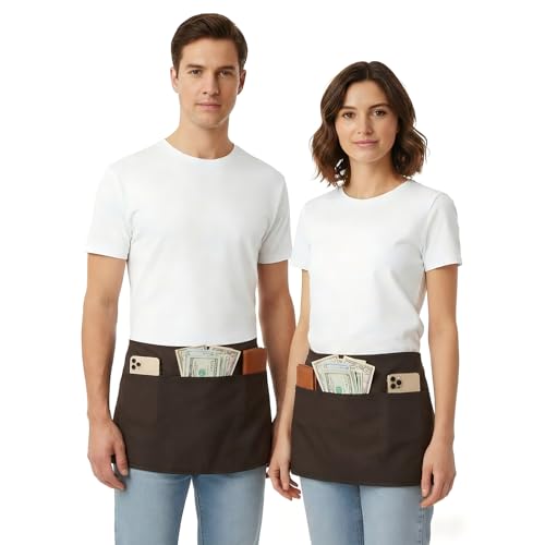 Image of BOHARERS Waist Apron with 3 Pockets - Brown Waitress Waiter Server Short Apron（brown）