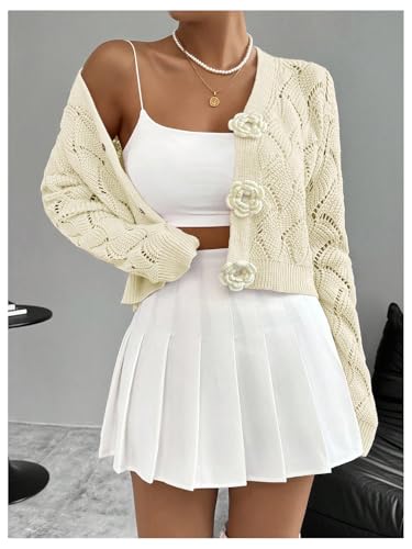 Image of GORGLITTER Women's Crochet Button Up Cropped Cardigan Cute Floral Long Sleeve Knit Sweater Tops Dressy Going Out Outfits