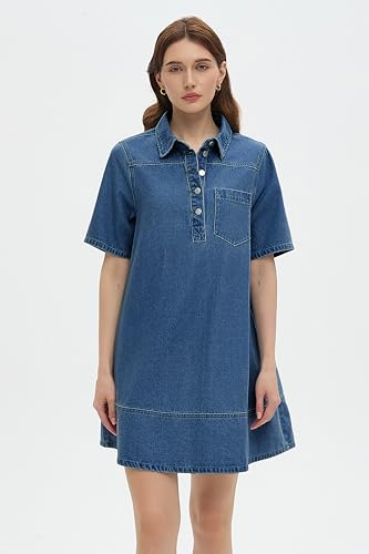 Image of EZAPINE Womens Denim Shirt Dress Collared Button Up V Neck Casual A Line Jean Dresses with Pockets