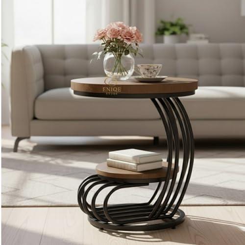 Image of Modern Marble Side Table with Metal Frame | Luxury Round End Table with Storage Shelf for Living Room Coffee Table, Bedroom & Lounge (Walnut & Black)