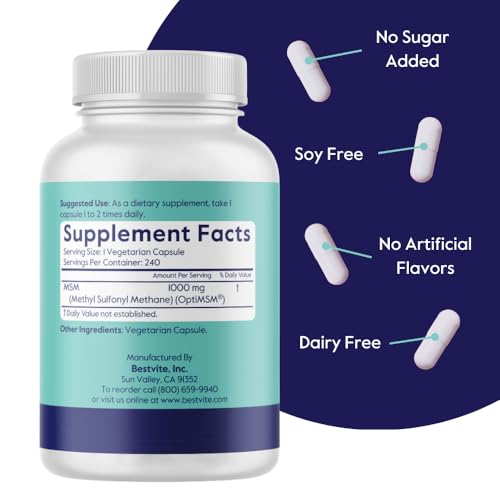 image for BESTVITE MSM 1000mg Made with OptiMSM (240 Capsules) - No Stearates - 