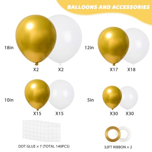 Image of RUBFAC White and Gold Balloons 129pcs Different Sizes Pack of 18 12 10 5 Inch, Latex Balloon Garland Arch Kit for Birthday Party Wedding Holiday Baby Shower Decoration