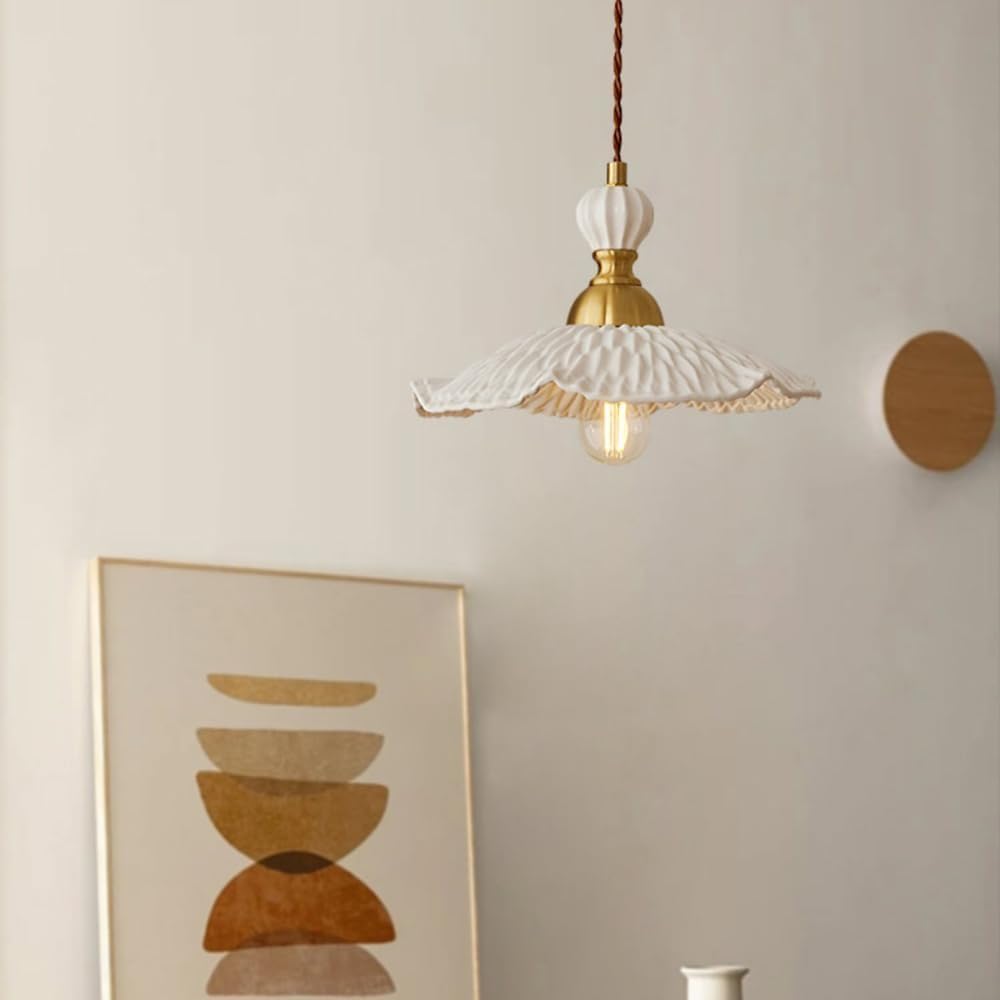 White Ceramic Light Flower Shaped Adjustable Kitchen Island Light with Brass Socket and Braided Cord