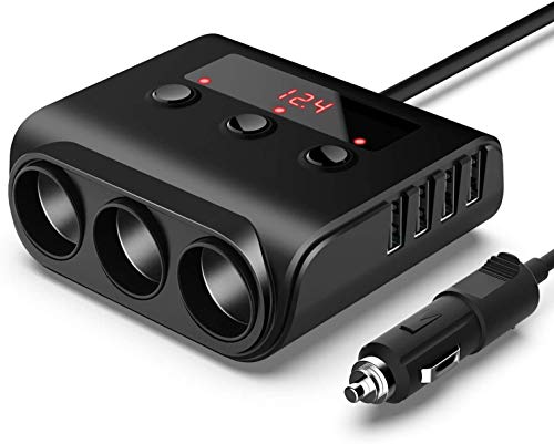 YGL 100W/12V/24V Prise Allume-Cigare de Voiture 3 Ports + 4 Ports de Charge USB, Adaptateur Chargeur avec Voltmètre LED et Interrupteur