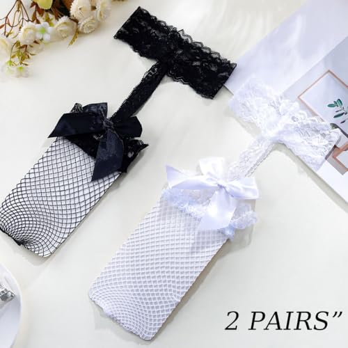 Image of 2 Pairs Bow Fishnet Thigh High Stockings Lace Mesh Tights Cosplay for Women