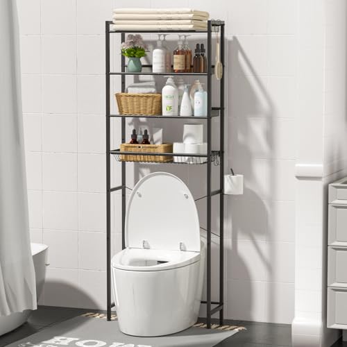 ASHLEYRIVER Over The Toilet Storage Rack, 4-Tier Storage Rack Toilet Adjustable Shelf Rack with Hooks & Roll Holder,Steel Black
