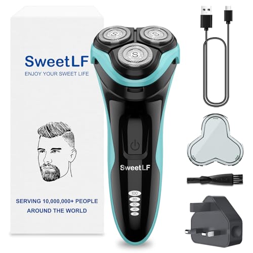SweetLF Electric Razor for Men, 120 Min Shaving, Fast UK Adapter (1H Charging),100% Waterproof, Wet & Dry Rotary Shavers for Men with Pop-up Trimmer, LED Display (Sky Blue)