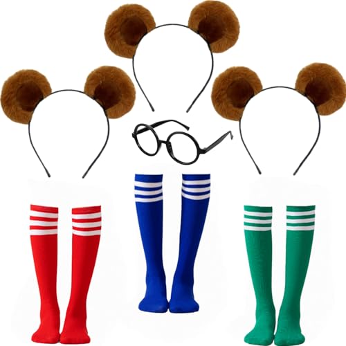 ZHANGBY Chipmunk Costume Accessories Set, 3 Ears Headbands, Round Frame Glasses, 3 Pairs Knee-High Socks, Halloween Party Cosplay (Style 4)