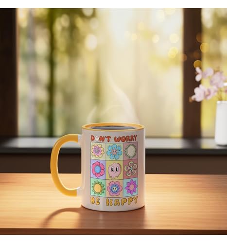 Taza Cerámica Retro Don’t Worry Be Happy 11oz Amarillo Blanco miniatura 3