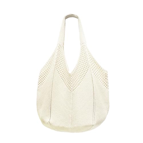 Image of Aucuu Women Knitted Handbags, Retro Hollow Woven Shoulder Bags, Boho Shoulder Bag, Crochet Mesh Tote Bag, Beach Bag for Women, Travel Shopping Handbag for Holiday, Daily Work, Shopping, Travel-White
