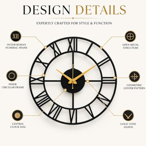 Image of 40 cm Metal Wall Clock | Silent Non-Ticking Skeleton Wall Clock | Modern Black Iron Analog Clock for Living Room, Bedroom, Hall, Office & Home Decor (Design-6)