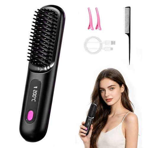Go Brush Pro Cepillo Alisador de Pelo Inalámbrico, Cepillo de Peinado Inalámbrico para Cabello Corto con Pantalla LED y 3 Ajustes de Temperatura para Viajes y Uso Diario (Negro)