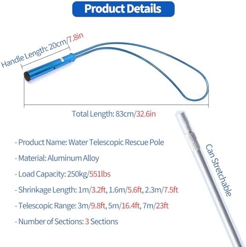 Emergency Blue Pool Rescue Pole - 16.4ft Aluminum Telescopic Safety Hook for Swimming Pools, Playgrounds & Water Parks - Essential Lifesaving Equipment for Swim Clubs