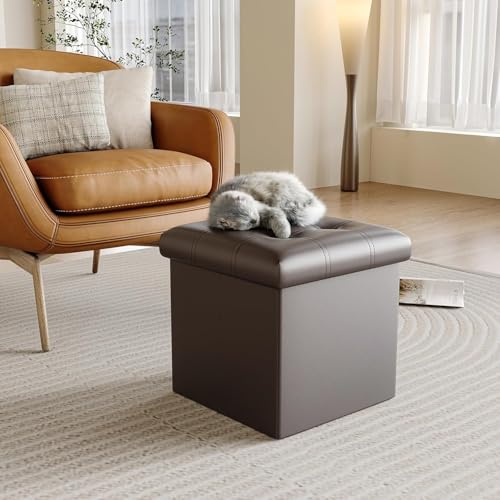 Image of AR Mall 15 Inches Storage Ottoman Cube, Foldable Storage Boxes Footrest Step Stool, Padded Seat for Dorm Living Room Laundry Storage Space, Bed Storage Seat, Toys Storage (38X38X38 CM) (BROWN LEATHER)