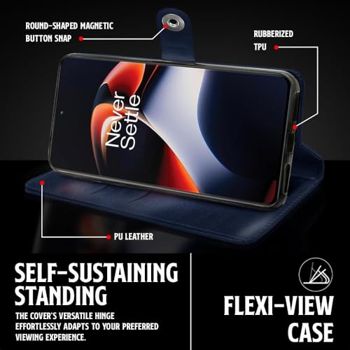 Image of WOW IMAGINE Shock Proof Flip Cover Back Case for 1+ OnePlus 11R 5G (Magnetic Button Flip Case | Wallet Pockets & Stand | Leather Finish | Oxford Blue)