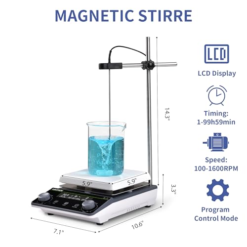 Image of Magnetic Stirrer 5.9 inch Digital Hot Plate Magnetic Stir Plate LCD Max 5L Max Temp.300℃ 100-1600RPM Ceramic Coated Magnetic Mixer with Stir Bar&Temp Probe Sensor,Support Stand Included