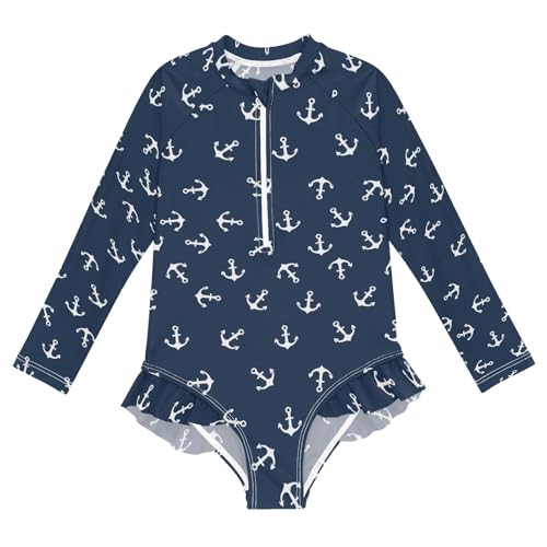 Anchor Shapes Navy Ppattern Girls One Piece Rash Guard Swimsuit, Girls Long Sleeve Swimwear for 3-12Y