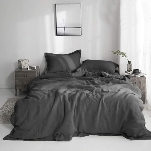 Simple&Opulence 100% Linen Duvet Cover Set with Embroidery Washed - 3 Pieces (1 Duvet Cover with 2 Pillow Shams) with Button Closure Soft Breathable Farmhouse - Dark Grey, King Size