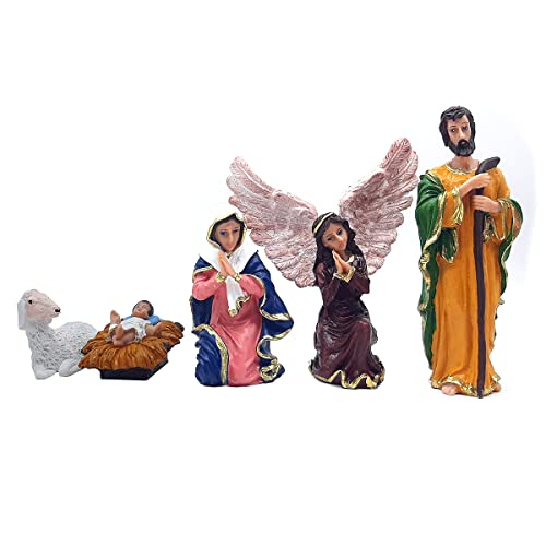 Presépio de Natal Figuras Principais José Maria Jesus na Manjedoura anjo e Ovelha Resina 5 peças