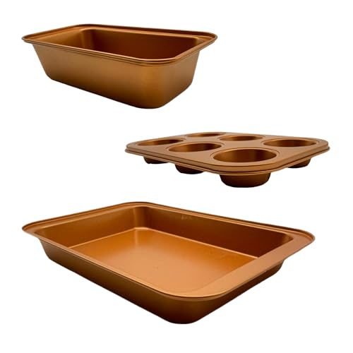 Relaxdays Set 3 moldes para Hornear antiadherentes de Acero Carbono, Bandeja 6 Muffins, Fuente Asar, 37x25.5x5 cm