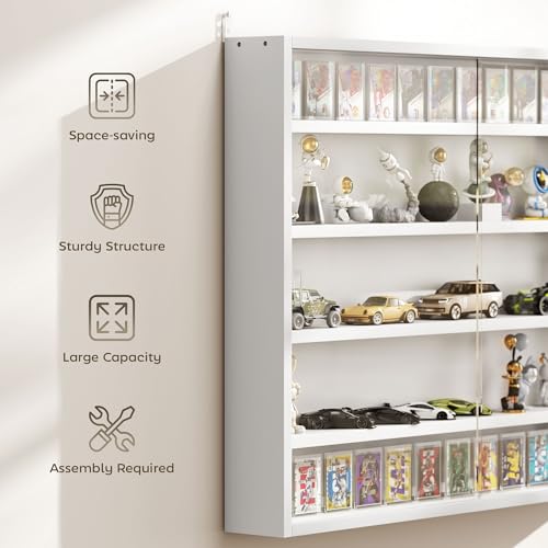 Image of HOMCOM 5-Tier Display Cabinet, Glass Door Cabinet with Adjustable Shelves, Wall-Mounted Display Case for Playroom, Bedroom, White