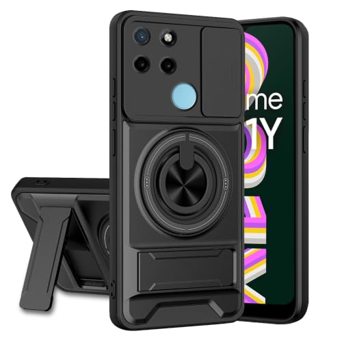 Image of Realme C21Y / C25Y Back Cover | Armor Camera Slider 360 Degree Rotating Finger Ring Holder Case with Bracket Stand Back Case Cover (Compatible with MagSafe Accessories) (Black)
