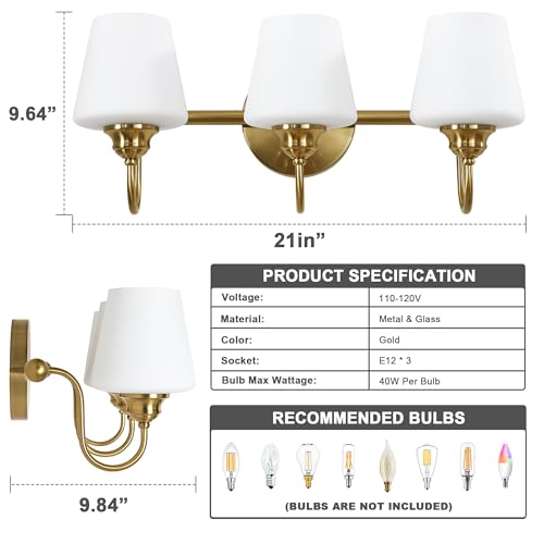 Image of LASENCHOO 3 Lights Bathroom Vanity Light Vintage Bathroom Lighting Fixtures Over Mirror, Brass Wall Sconce Modern Wall Lights for Bedroom Living Room Hallway with Milky Glass Shade, E12 Socket