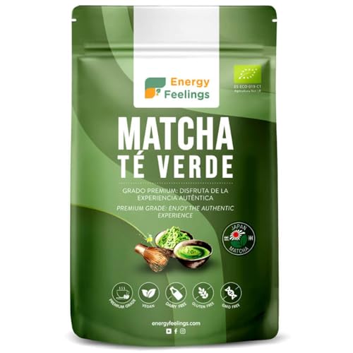 Energy Feelings Té Matcha en Polvo Premium 100g, Té Verde Matcha Japonés Orgánico Puro, Rico en Antioxidantes Naturales, Green Tea Powder, Ideal para Latte, Vegano, Sin Gluten, Sin Lactosa