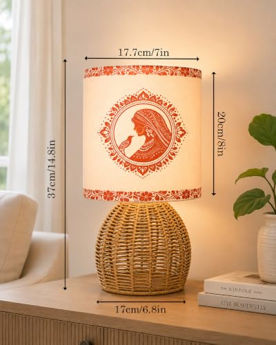 Image of Homesake Handwoven Rattan Table Lamp with Aipan Art Printed Fabric Shade, Decorative Raffia Cane Bedside Lamp, Boho Table Lamp with E27 Holder & Bulb Included, Living Room, Bedroom & Home Decor