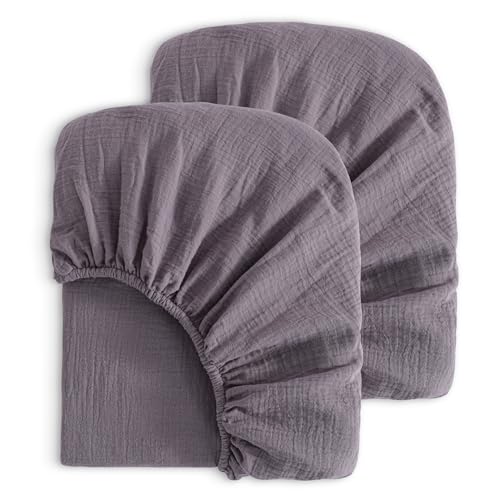 Image of Ntbay Kids 2 Pack Muslin Crib Sheets, Soft and Breathable Double Layer 28x52 Baby Crib Sheets for Standard Crib and Toddler Mattresses, Boys, Girls, Unisex, Greyish Purple, 28x52 Inches