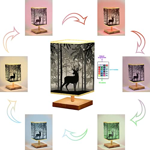 Bedside Table Lamp Deer With Antlers Posing Forest Silhouettes Of Trees Magical Misty Reading Small Desk Lamp Dimmable Flaxen Fabric Shade Wood Base Table Lamp For Living Room Bedroom Nightstand #TOP5