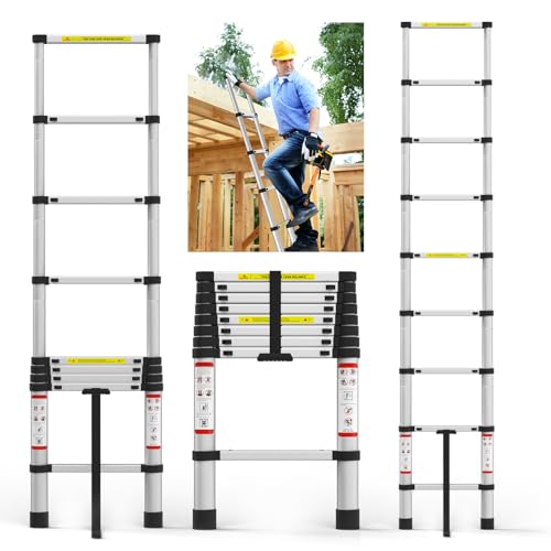 2,6m Echelle Pliante Aluminium Charge Maximale 150kg, 8.5FT Échelle TéLescopique, Marchepieds escamotables,Design antidérapant en Bas,pour l'entretien la Maison
