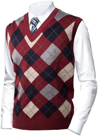 Herothorn Gilet Tricot Homme Sans Manches Argyle - Cardigan Pull-Over Automne Hiver