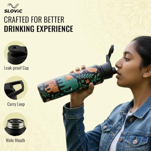 Image of SLOVIC Steel Water Bottle 1 Ltr | Incredible India Design Fridge Water Bottle | 100% BPA Free & leak-Proof | Sipper Water Bottles for Adults | Ideal for Gym, Sports & Camping