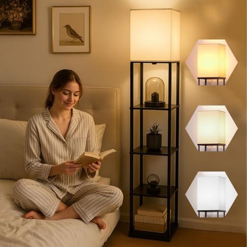 Image of HOMIFLY 5 Tier Metal Floor Lamp with Wooden Shelves /Square Lamp with 3 Adjustable Color Mode /Corner Display Book & Vase Shelf /Standing Night Lamps for Living-Study Room /Home Decor /Bedroom(Black)