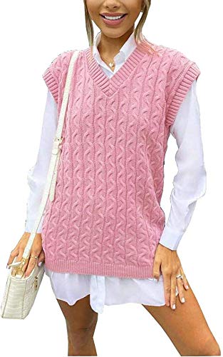 Loxdonz Damen V Ausschnitt Ärmellos Pullover Zopfmuster Grobstrick Weste Tank Top Sweater, rose, L Cover