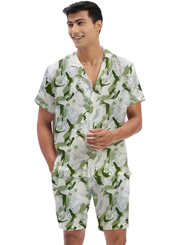 Amazon Brand - Anarva Mens Camouflage Printed Co-Ord Set – Half Sleeve Shirt and Shorts Combo for Summer | Casual 2 Piece Outfit for Men Blue Green, S