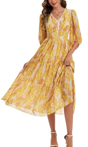 Kormei Women's V Neck 3/4 Sleeve Boho Long Flowy Dress Wedding Guest Engagement Party Casual Chiffon Dresses3