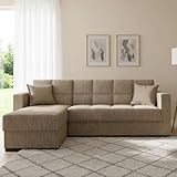 Questo articolo viene spedito in 2 scatole. Le diverse scatole possono essere consegnate con un massimo di 72 ore di differenza. Divano letto contenitore con penisola reversibile , in tessuto color Beige, con 2 cucini inclusi