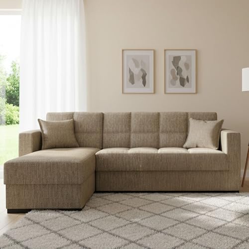 Dmora Divano Letto con penisola Fernando, Divano ad Angolo Reversibile, Sofà Contenitore da Soggiorno con Chaise Longue e 2 Cuscini, 230x150h81 cm, Beige